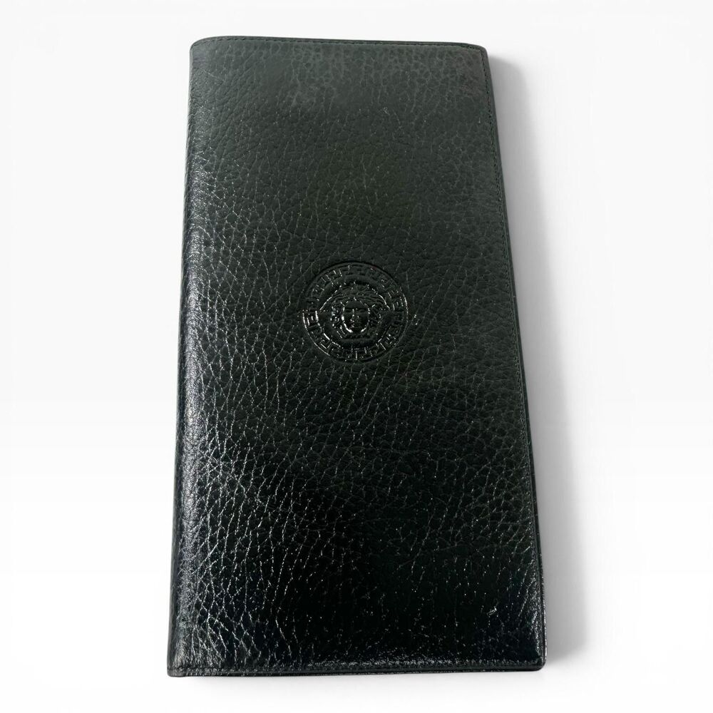 Gianni Versace Long Wallet Mens Vertical Black Leather Medusa Logo Bifold Italy
